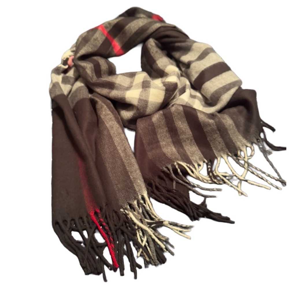 Fraas Womenโs Black and Gray Plaid Scarf with Red Accent